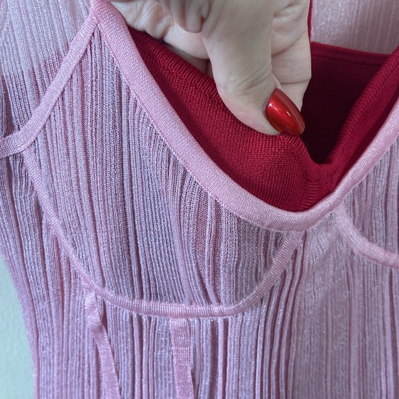 Herve Ledger Pink & Red Layered Sheer Ribbed Bandage Bodycon Tight Dress Small - Picture 5 of 9